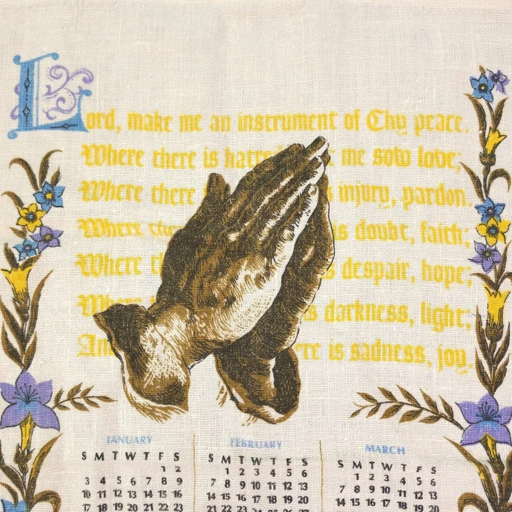 Vintage 1971 Floral and Prayer  of St. Francis Linen Tea Towel Calendar VGC